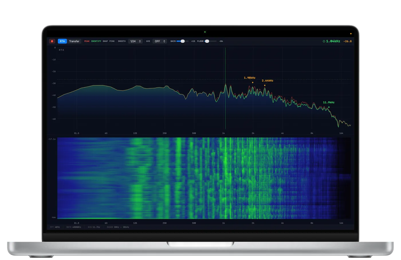 Spektral on a MacBook Pro: the real-time analyser with an SPL readout, above a scrolling waterfall