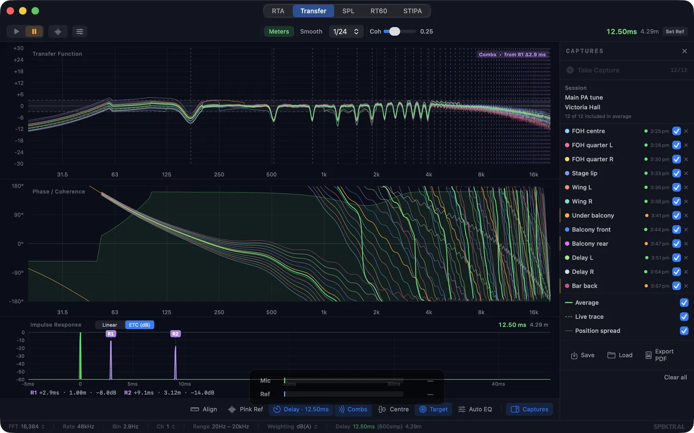 Spektral's transfer function: magnitude, phase and coherence for several captured positions, with the position list on the right