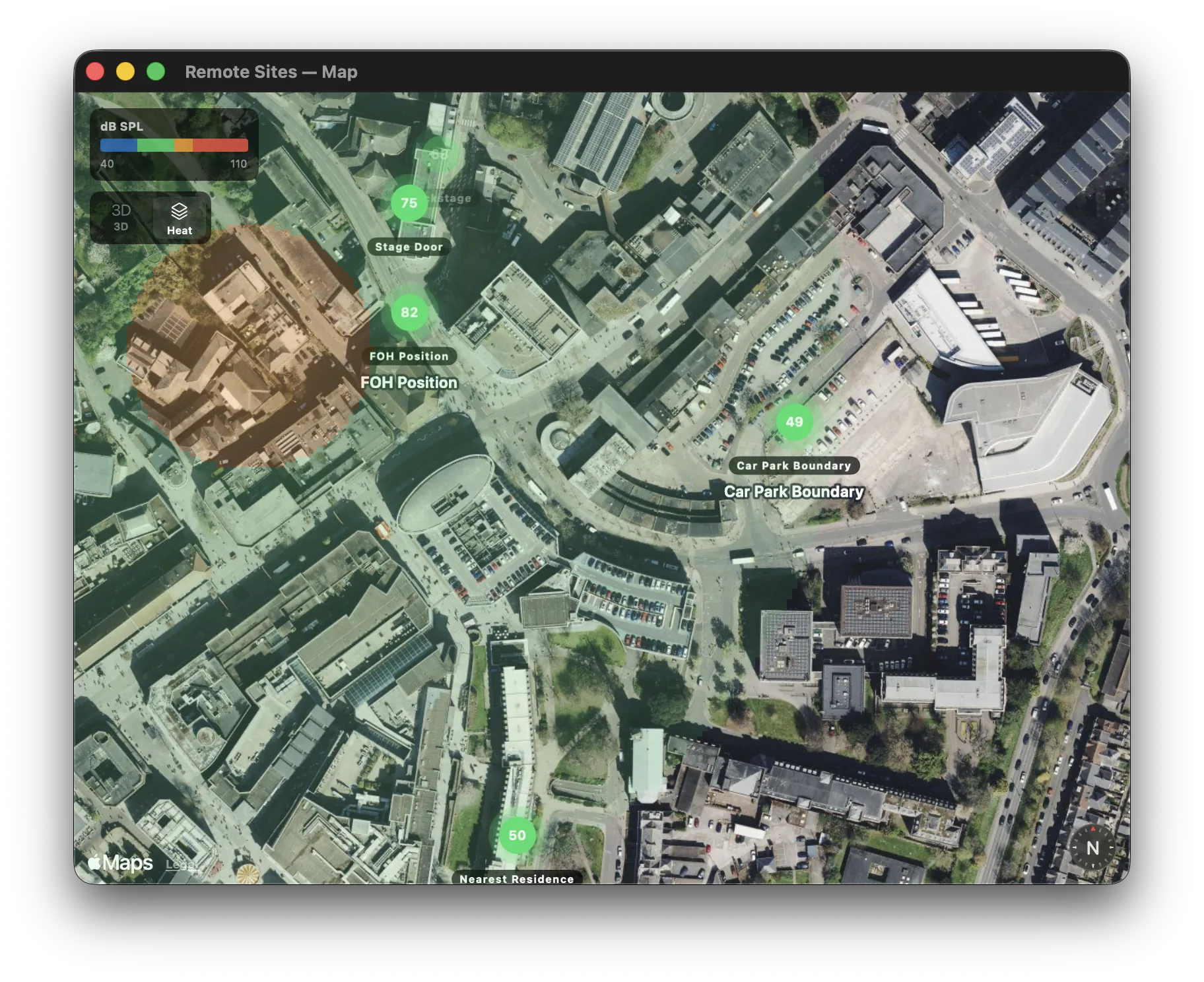 Satellite map view with SPL-coloured site annotations and heat map